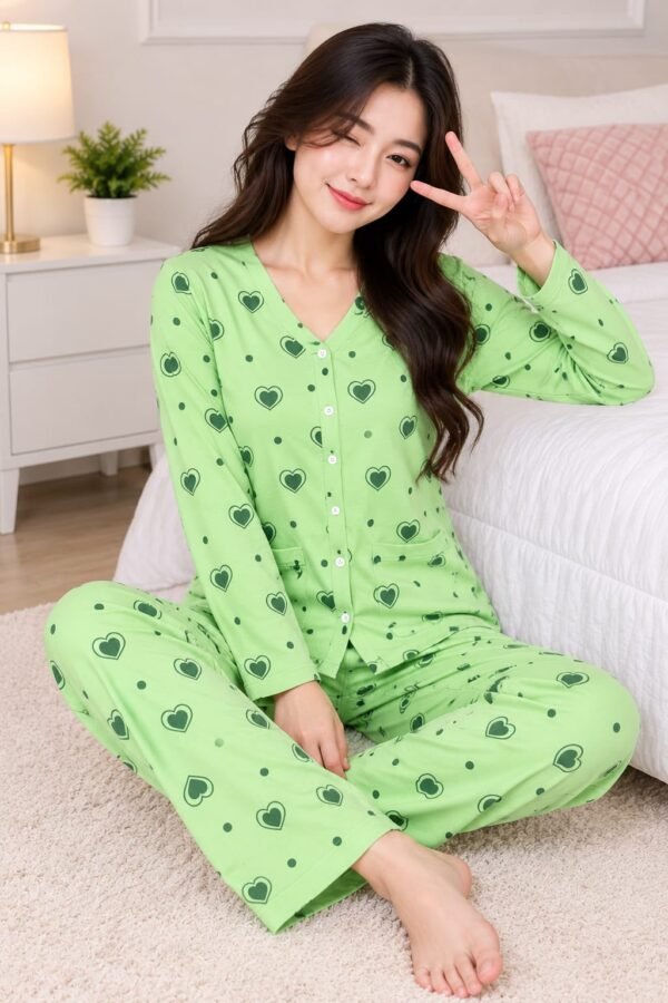 Green heart print Y-neck night suit for women in soft jersey fabric